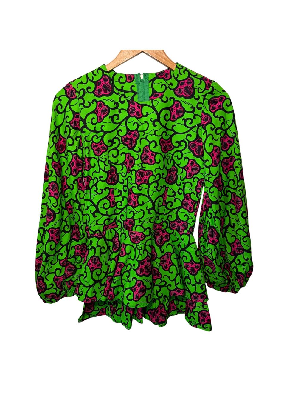 African Print Ankara Blouse Vibrant Green Pink Abstract Floral Cotton Ruffled S